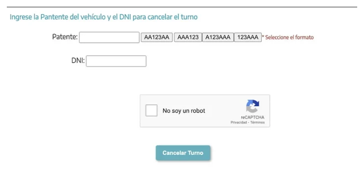 Pantalla para cancelar el turno de la VTV en Zárate con patente y DNI